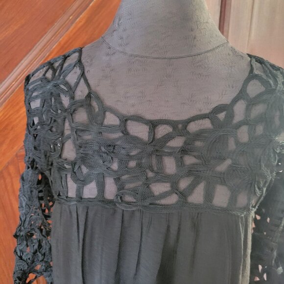 Black Crochet Lace Boho Dress S/P By Twentyone With 3/4 Sleeves & Flowy Fit - Picture 2 of 5